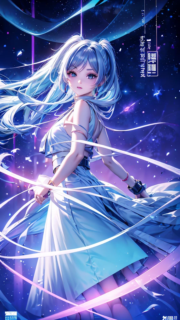 1 person, 20-year-old girl, One person, (Silver Hair), Long pointed ears、Elf、(Gradient sky blue hair tip:1.6), hair, Ridiculously long hair, Single Side Lock, Wavy Hair, Shine髪, Floating Hair, (Fantastic deep purple eyes), Delicate eyes, Aqua Eye, Very fine eye, Long upper eyelashes, ((Glowing Eyes)), compensate, Focus on the face, Highly detailed facial, Pretty face, Perfect breasts, Hot body, (Delicate skin texture:1.2), break, White extra long skirt, Fashion Clothing, necklace, Technical clothing masterpiece, on the road, Gazing at the starry sky, meteor, cyber punk, Detailed Background, The perfect layered cut, clean focus, (magazine:1.3), (Cover Style:1.3), Octane Rendering, Tyndall effect, Real, Dark studio, Side light, 2-color illumination, realism, Chiaroscuro, (Shine光), Shine, Ray Tracing, Cinema Lighting, Futurism, Motion Blur, Atmospheric perspective, Depth of written boundary, Bokeh, Highest quality, 超High resolution, Super Detail, masterpiece, High resolution, Accurate, retina, Anatomically correct
