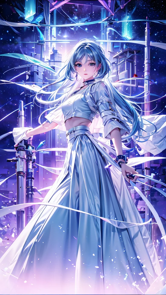 1 person, 20-year-old girl, One person, (Silver Hair), Long pointed ears、Elf、(Gradient sky blue hair tip:1.6), hair, Ridiculously long hair, Single Side Lock, Wavy Hair, Shine髪, Floating Hair, (Fantastic deep purple eyes), Delicate eyes, Aqua Eye, Very fine eye, Long upper eyelashes, ((Glowing Eyes)), compensate, Focus on the face, Highly detailed facial, Pretty face, Perfect breasts, Hot body, (Delicate skin texture:1.2), break, White extra long skirt, Fashion Clothing, necklace, Technical clothing masterpiece, on the road, Gazing at the starry sky, meteor, cyber punk, Detailed Background, The perfect layered cut, clean focus, (magazine:1.3), (Cover Style:1.3), Octane Rendering, Tyndall effect, Real, Dark studio, Side light, 2-color illumination, realism, Chiaroscuro, (Shine光), Shine, Ray Tracing, Cinema Lighting, Futurism, Motion Blur, Atmospheric perspective, Depth of written boundary, Bokeh, Highest quality, 超High resolution, Super Detail, masterpiece, High resolution, Accurate, retina, Anatomically correct
