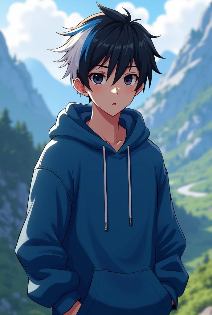 A discord profile picture of a boy with black hair with a white and blue streak wearing a blue hoodie with his hand in his pocket male gender with short hair face with a valley in the background medium with black eyes