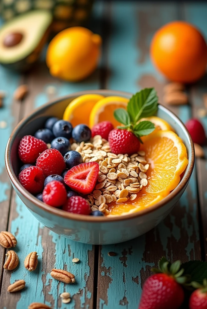 A colorful breakfast bowl with fresh fruits, oats, and nuts on a rustic wooden table. Bright, fresh, appetizing. DSLR camera, 50mm lens, natural light, slight vignette.