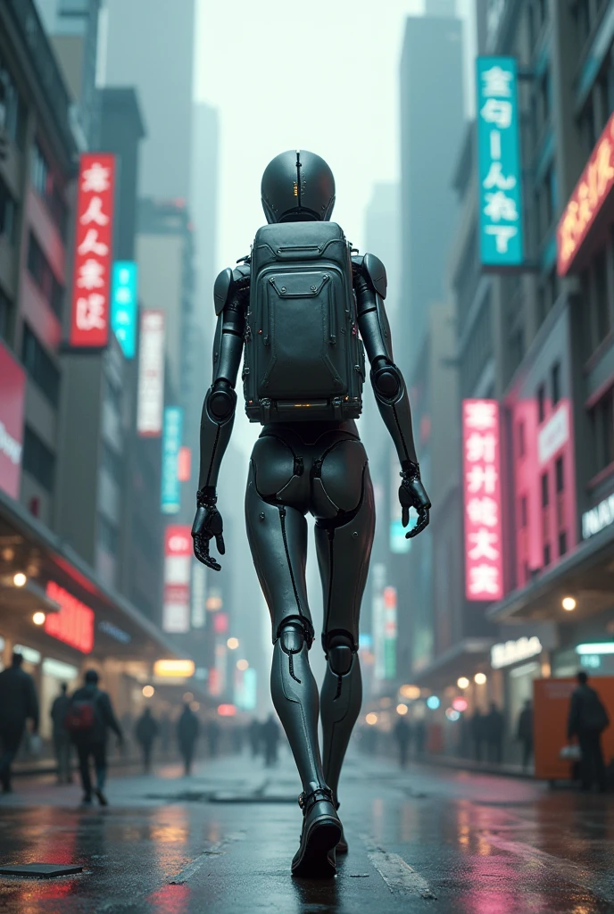 Agile cybernetic humanoid body, Cyberpunk with a delivery boy backpack