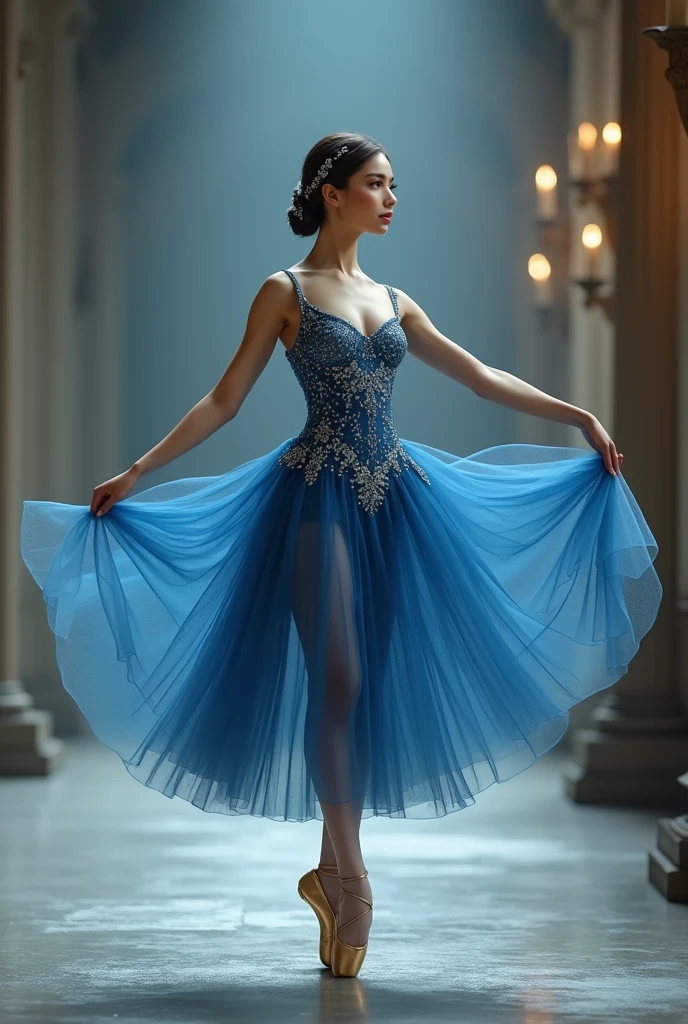 Ballerina with classical ballet pose in luxurious blue costume