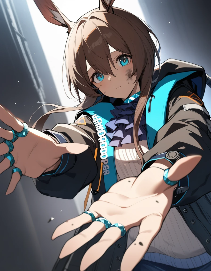 1girl, amiya \(arknights\), arknights, dirty face, outstretched hand, close-up, cinematic angle, foreshortening, dark, dark background, masterpiece, best quality