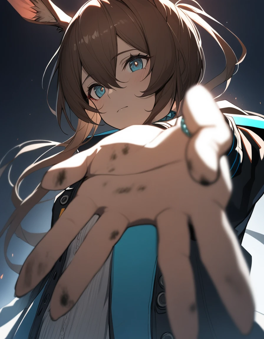 1girl, amiya \(arknights\), arknights, dirty face, outstretched hand, close-up, cinematic angle, foreshortening, dark, dark background, masterpiece, best quality