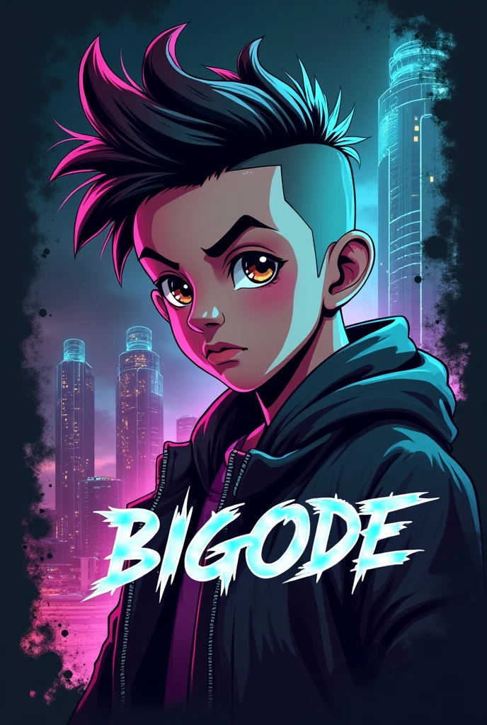Create a logo with the name BIGODE and add an art of a boy, in siber punk style