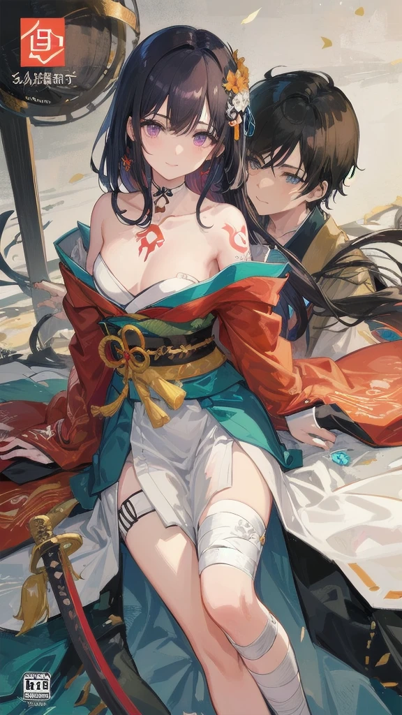 (((((roll up bandage sideways on a chest tightly to cover the chest without gaps))))), (((bandage samweways))),, ((Japanese Gangster BOSS)), adult woman with the dignified presence, Killing Qi, wear nothing around shoulder, wear nothing around neck, wear the kimono, wear it below the waist, (I wind it up to control it, and to attach it), ((kimono come off)) ,wear the kimono multiple times, Bare shoulders and the clavicle, black and gold kimono, put on over jacket of kimono, (holding a japanese sword which shine in purple, The handle of the sword is black, and the blade is gray, long sword), eye fire, low angle, whole body, anime character, Glaring, off sholder, nappropriate smile, Excellent, black blue hair, can see both shoulder, ((long kimono hem)), small face, ((big tattoo on the arm)), ((background Japanese gate with circlr mark)),muscular,drink sake,fullmoon in the sky, The kimono is spreading,(((ultra-detailed))),super beautiful,Masterpiece,Killing Qi,Intimidation,zoom up, a person,Selfish person,in japanese veranda,flower pattern