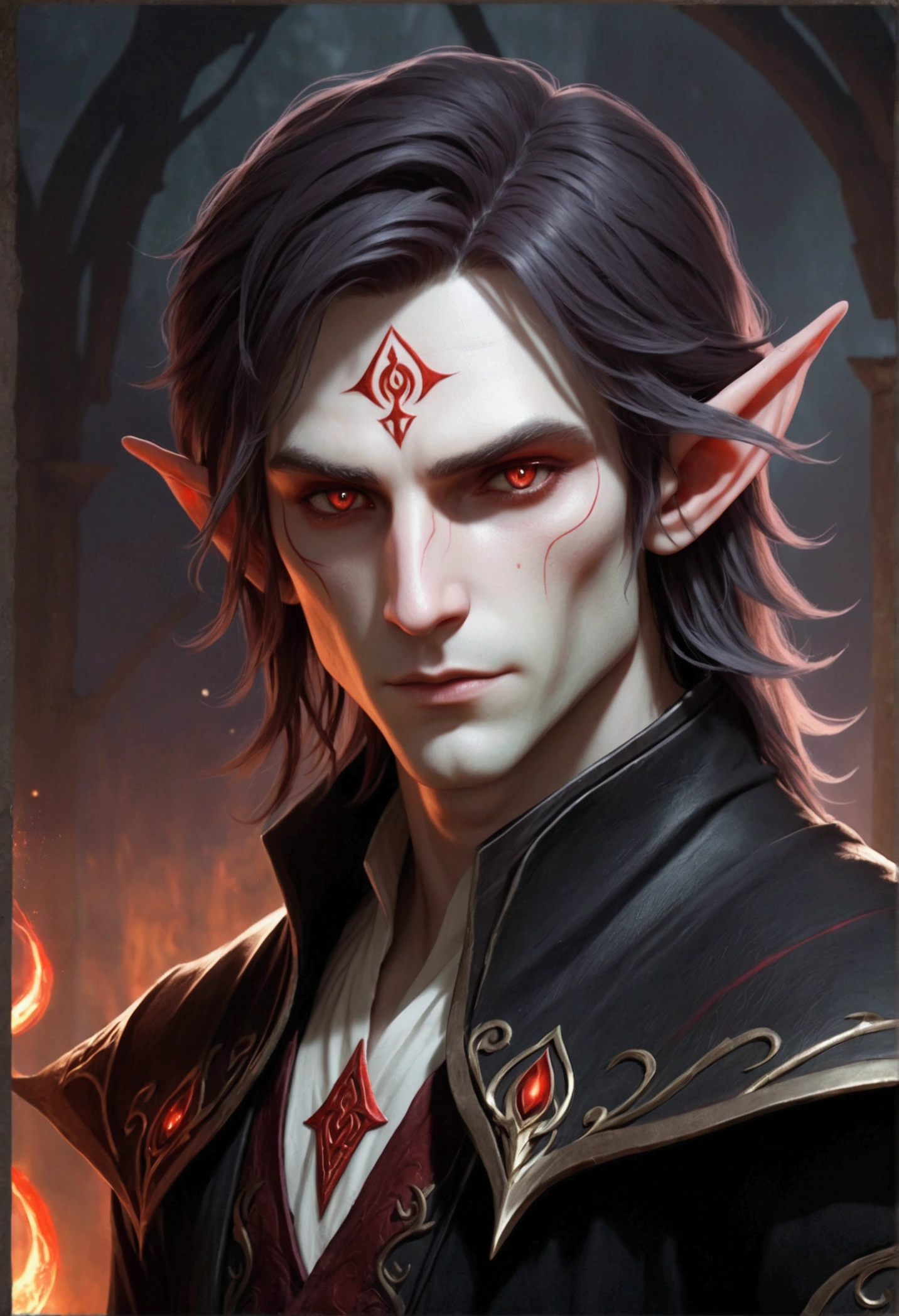 male hexblade warlock, pale skin elf with black hair and red eyes, dungeons and dragons character