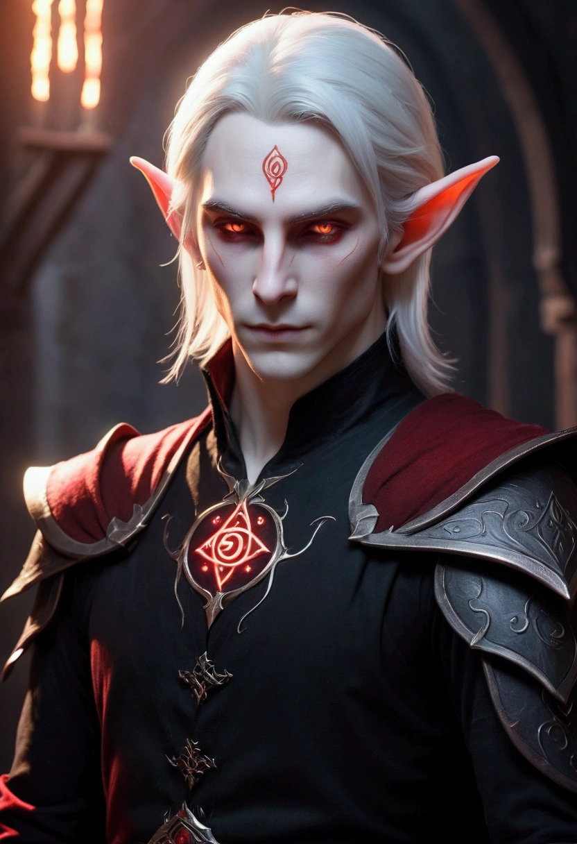 Tiefling with red skin color, masculine, wizard outfit