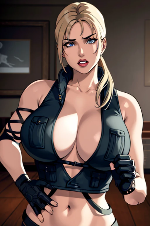 8k, best quality, intricate details, ultra-detailed, ultra highres, depth field, ,masterpiece  ((sonyablade)), european woman, cleavage, wearing a jacket, fingerless gloves, hand on hips, ((huge breasts: 1.4)),crop top, highly detailed eyes, blue eyes, from above, laying on bed, blonde hair, blue eyes, sleeveless, solo,((upper body: 1.3)), leather pants, best quality, (intricate details:1.2), (delicate detailed), (cinematic light), clear line, sharp focus, detailed face unity 8k wallpaper, ultra high res, looking at viewer, standing 