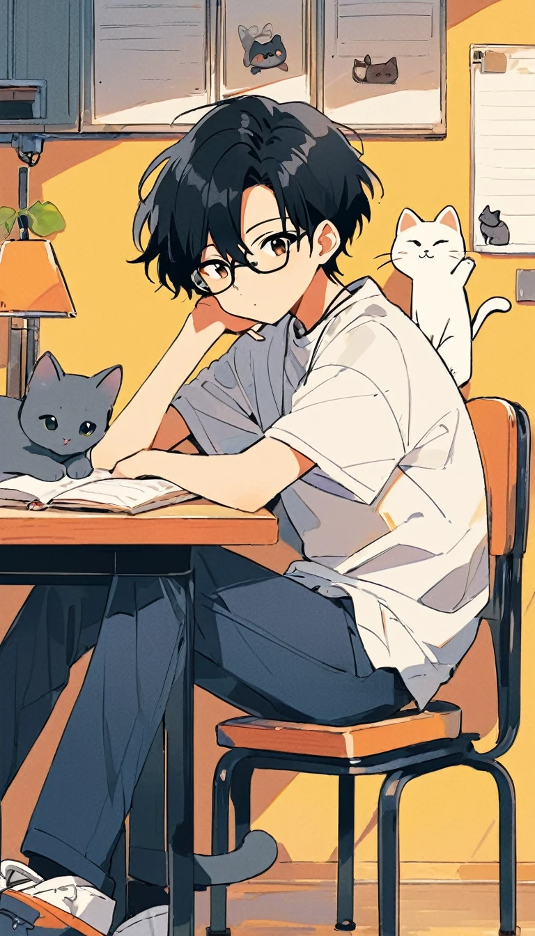 anime boy with black hair and glasses sitting at a desk with a cat, inspired by Okumura Togyu, inspired by Okumura Masanobu, in anime style, anime visual of a cute cat, in an anime style, anime asthetic, anime cat, anime aesthetic, modern anime style, anime lover, anime picture, pin on anime