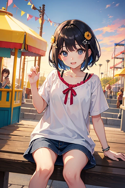 FULL BODYSHOT、an oil painting、​masterpiece、top-quality、hight resolution、Red-brown hairs、Cheerful woman、A smile、blancheＴThe shirt、Khaki half pants、Sweaty skin、side poneyTail、shores、The seaside looks fun、blue-sky、Jumping、lightly dressed、big eye、large mouth、Brown eyes、Floral scrunchies、Fashionable２０Talented Woman、Hairstyle is side tail、ＴEnglish letters print on shirt、Short sleevesＴThe shirt、Hair tied next to the head
