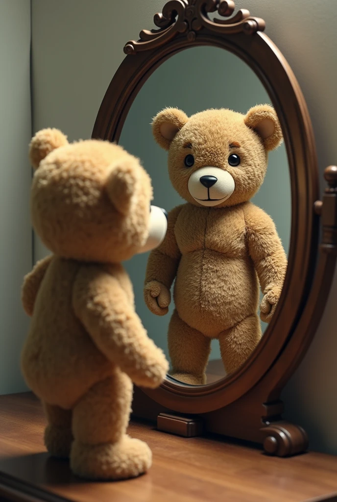 Description : Élias est acculé contre le mur de sa chambre, le visage figé par la terreur. L'ours en peluche, désormais de la taille d'un enfant, avance vers lui avec une expression malveillante. Des mains spectrales sortent des murs autour d'Élias, prêtes à l'attraper. La scène est éclairée par une lumière blafarde, ajoutant à l'atmosphère oppressante.