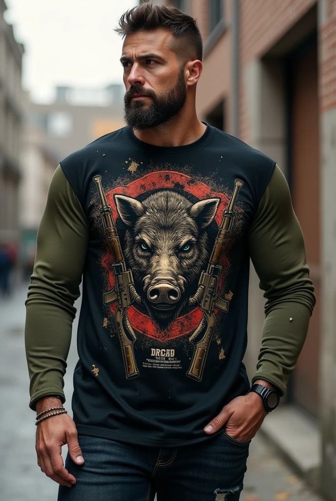 LONG SLEEVE MILITARY T-SHIRT IN BLACK WITH MOSS GREEN SLEEVES AND AN IMAGE OF A BOAR AND ARMY RIFLES , Written "PICA FUMO TEAM " PUT SHOT HOLES IN THIS SAME MODEL, KEEP THE MODEL, JUST CHANGE THE FIREARMS TO RIFLES AND AMMUNITION