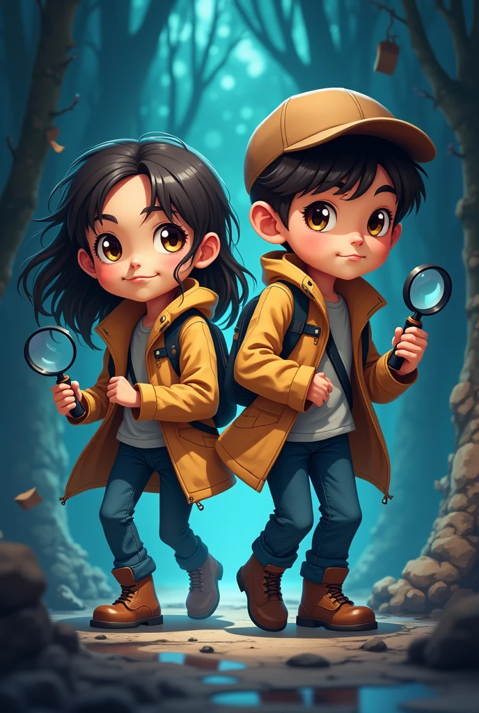 (young girl, dark blonde hair, honey eyes) (young boy, brown hair, brown eyes)(investigative and detective air) Anime style. Book cover. Kinematic. Simplistic. 4k full hd