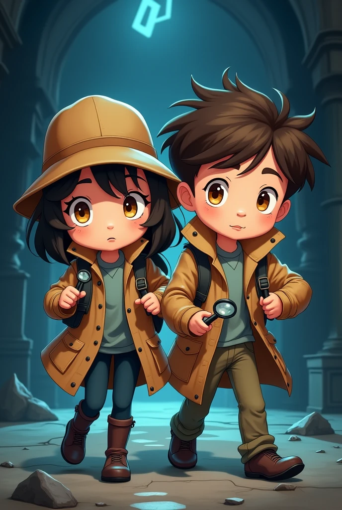 (young girl, dark blonde hair, honey eyes) (young boy, brown hair, brown eyes)(investigative and detective air) Anime style. Book cover. Kinematic. Simplistic. 4k full hd