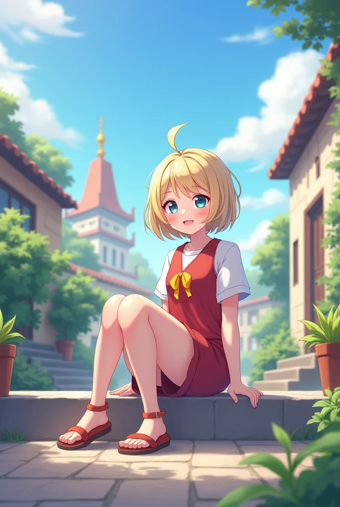 dizerudef, whole body, ssmile, blush, plein-air, giorno, simple background, blue sky, shorth hair, sky, temple, looking at the audience, Sitting on the stairs, small town, moody lights,