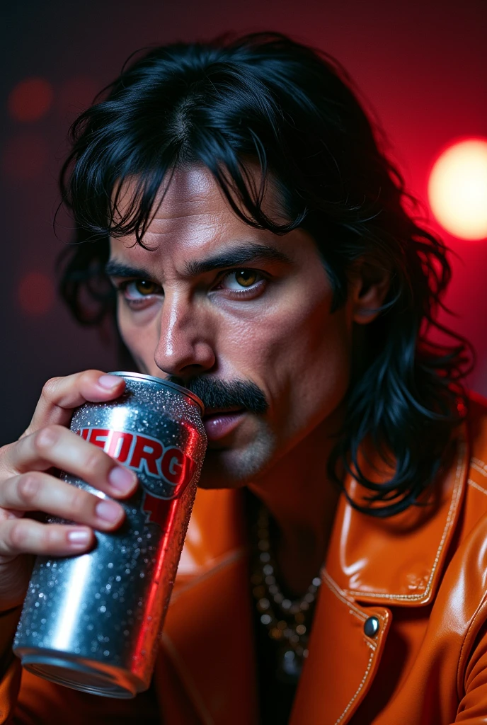 Freddie Mercury drinking energy drink