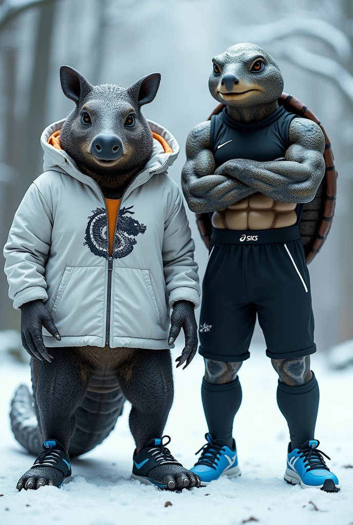 An armadillo with black scale-textured skin wearing black Nike running shoes and a white snowboard jacket with a dragon symbol. Next to him is a turtle wearing blue ASICS running shoes.. The two are standing with their arms crossed in the snow. They are tall and high-performance athletes.