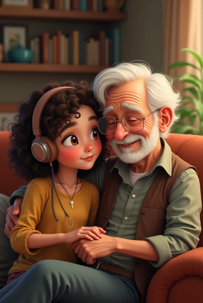 Light-skinned girl with brown eyes and curly hair listening to music with her grandfather