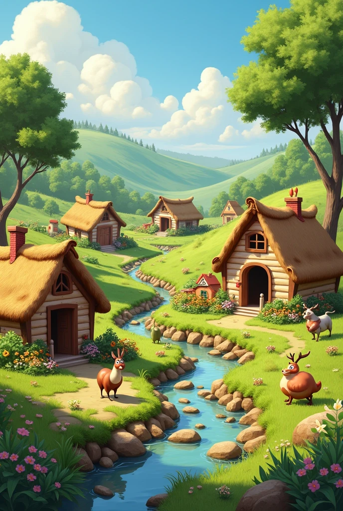 Farm with several huts , 3d animation ,disney inspired, 8k