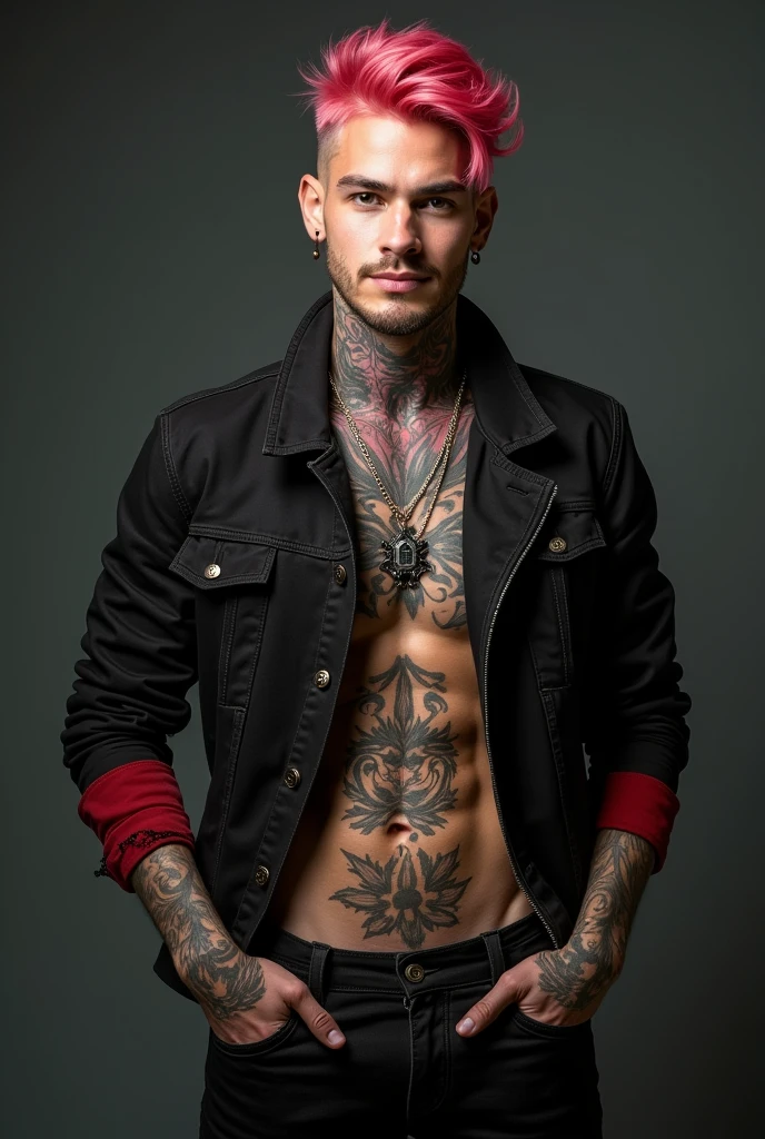 (masterpiece, best quality:1.2), cowboy shot, solo, male focus, 1boy, sukuna, smile, wearing black and red jacket, tattoo_on_his_face, tattoo_ryoumen, hands in a pocket, pink hair,