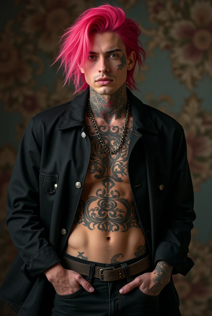 (masterpiece, best quality:1.2), cowboy shot, solo, male focus, 1boy, sukuna, smile, wearing black and red jacket, tattoo_on_his_face, tattoo_ryoumen, hands in a pocket, pink hair,