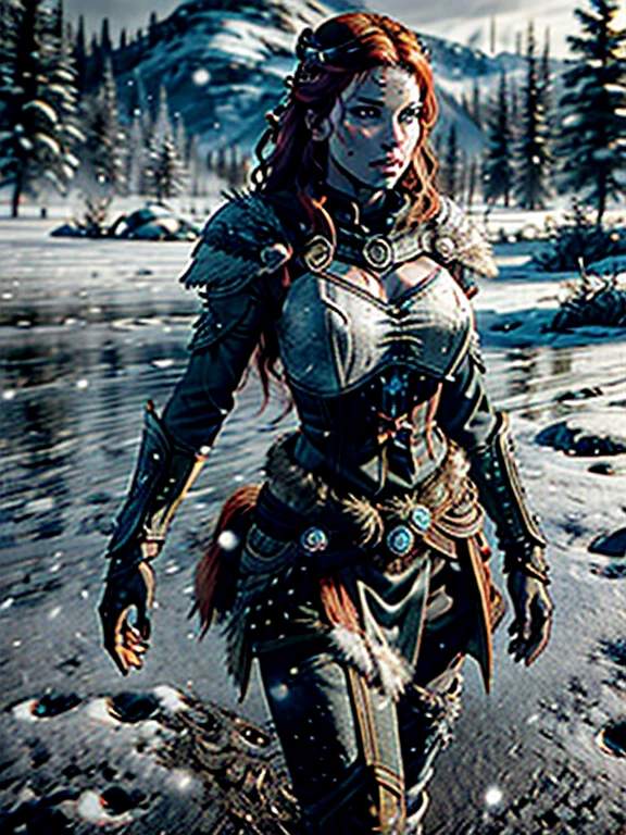 aela the huntress with long red hair in ancient nord armor, breastplate , cleavage, standing in a snowy field, holding a bow, winter landscape, dramatic lighting, detailed facial features, intricate armor details, volumetric snow, glowing magical runes, cinematic composition, mist, cold atmosphere, photorealistic, 8k, highly detailed, masterpiece