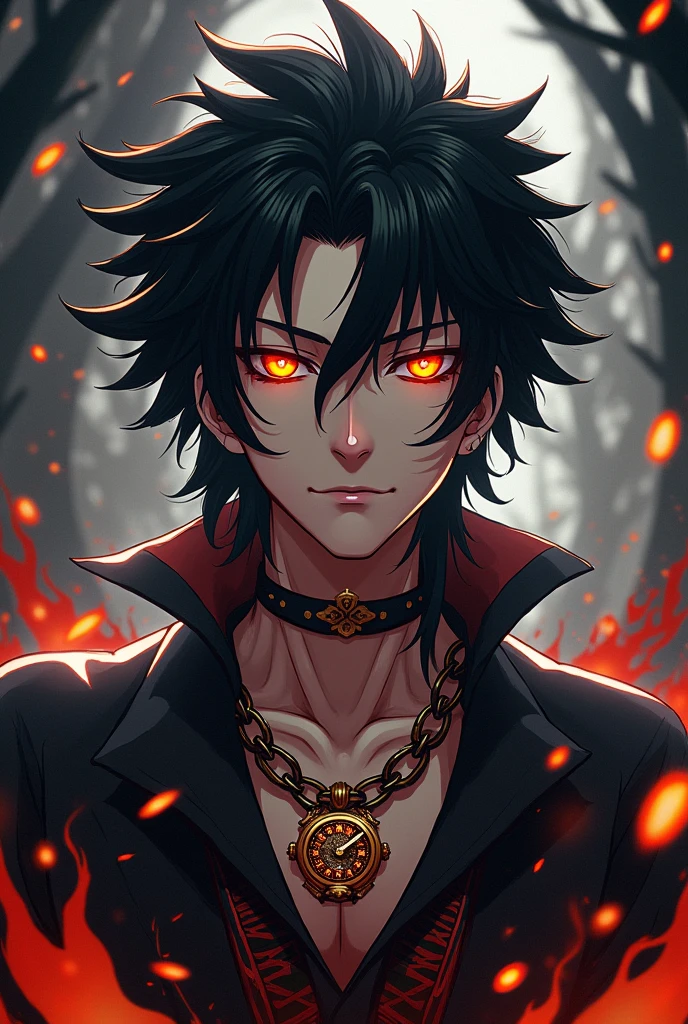 Prompts Copiar prompts absurdos, high resolution, ultra detaild, HDR, work of art, best qualityer, extremly detailed face and eyes, Rengoku Kyojuro, Bblack hair, expressive orange eyes,black strokes, Kimetsu no Yaiba, standing alone, sexy man, bonitas, moon mechanical watch, fancy, chains, fire flies
