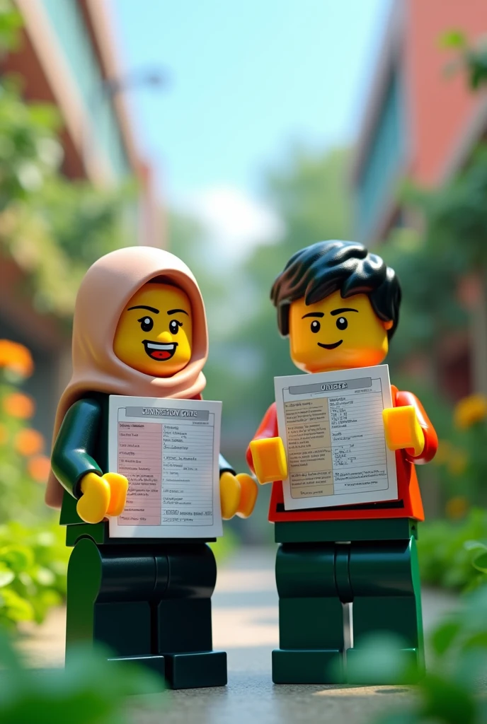 Create a universities students lego malay young cute girl with hijab with cute malay boy. both University of Sultan Zainal Abidin (UNISZA). They both hold up their colorful exam slips, showing off their impressive scores. The campus background is lush with greenery. University background. Realistic. Super UHD. Macro realism