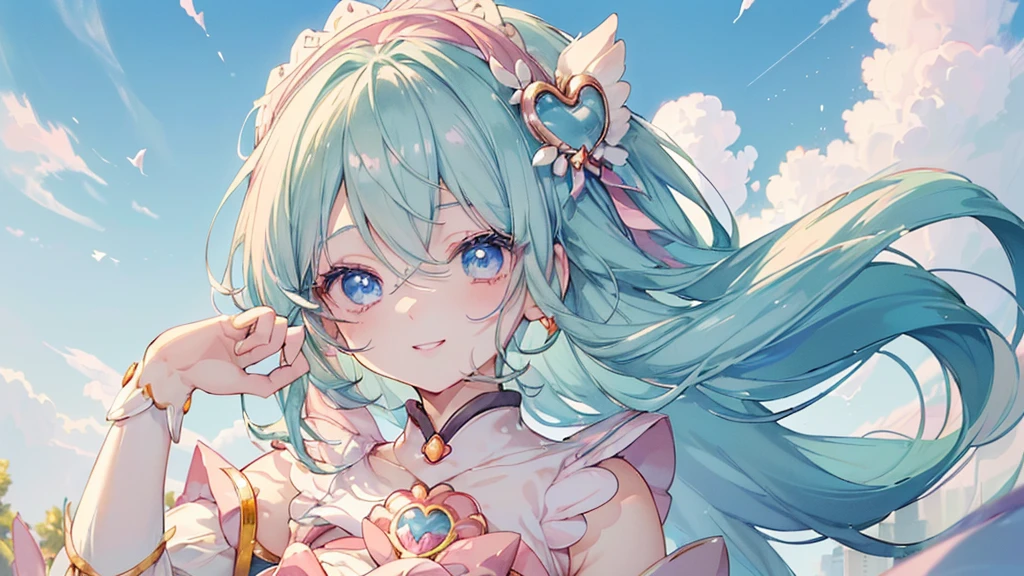 (((髪UP,Green Hair,顔UP,Look up,))),(((Highest quality、masterpiece、Ultra-fine、Ultra-fine、髪UP,Green Hair,Exquisite、16K、顔UP,Look up,The best smile,Full HD、,)),( ((summer,One person,かわいいMagical girl,)))Blue Eyes、Long eyelashes、White skin、(Pale pink lips、Pale pink cheeks、thin and long)、 (((かわいいMagical girl,The best smile)), ((One person)) 、(blue sky)) 、 (Magical girl)、