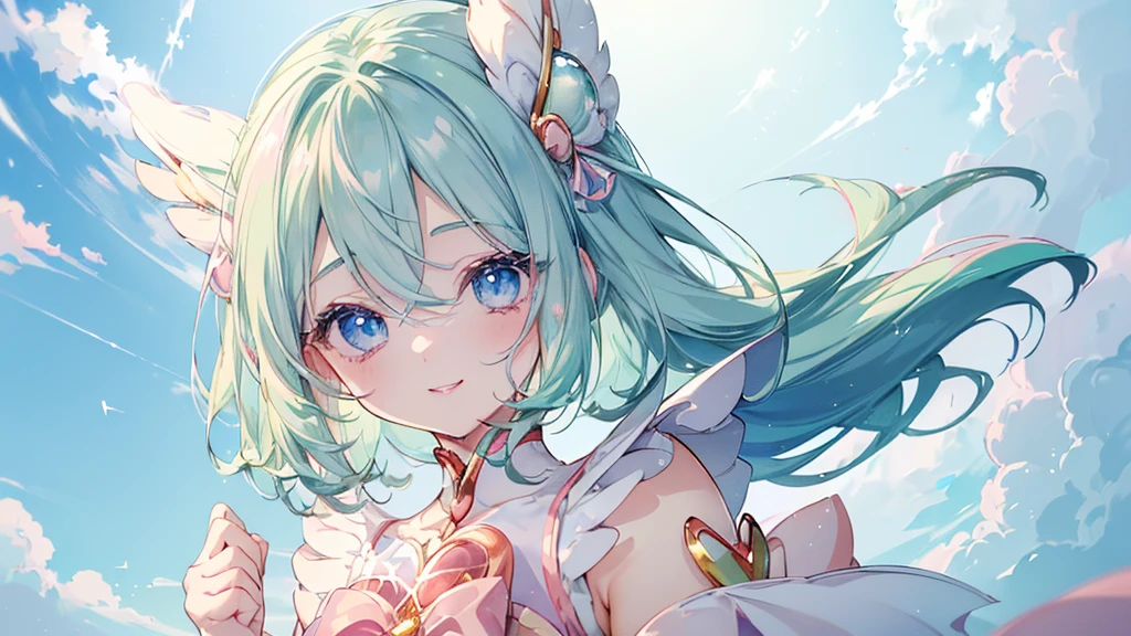 (((髪UP,Green Hair,顔UP,Look up,))),(((Highest quality、masterpiece、Ultra-fine、Ultra-fine、髪UP,Green Hair,Exquisite、16K、顔UP,Look up,The best smile,Full HD、,)),( ((summer,One person,かわいいMagical girl,)))Blue Eyes、Long eyelashes、White skin、(Pale pink lips、Pale pink cheeks、thin and long)、 (((かわいいMagical girl,The best smile)), ((One person)) 、(blue sky)) 、 (Magical girl)、
