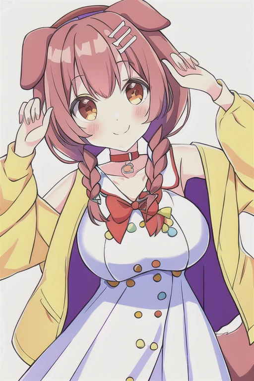 Korone, smile, dog girl, dog ears, dog tail, twin braids, sidelocks, hair ornament, ((white dress)), yellow jacket, bow, collar, collarbone, dress, jacket, open clothes, open jacket, red bow, short dress, sleeveless dress, large breasts, thick thighs, mature female, bandana, scarf