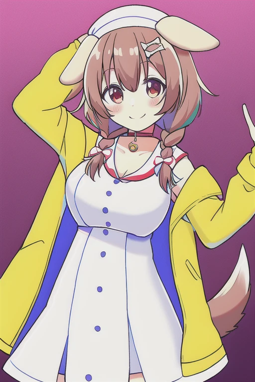 Korone, smile, dog girl, dog ears, dog tail, twin braids, sidelocks, hair ornament, ((white dress)), yellow jacket, bow, collar, collarbone, dress, jacket, open clothes, open jacket, red bow, short dress, sleeveless dress, large breasts, thick thighs, mature female, bandana, scarf