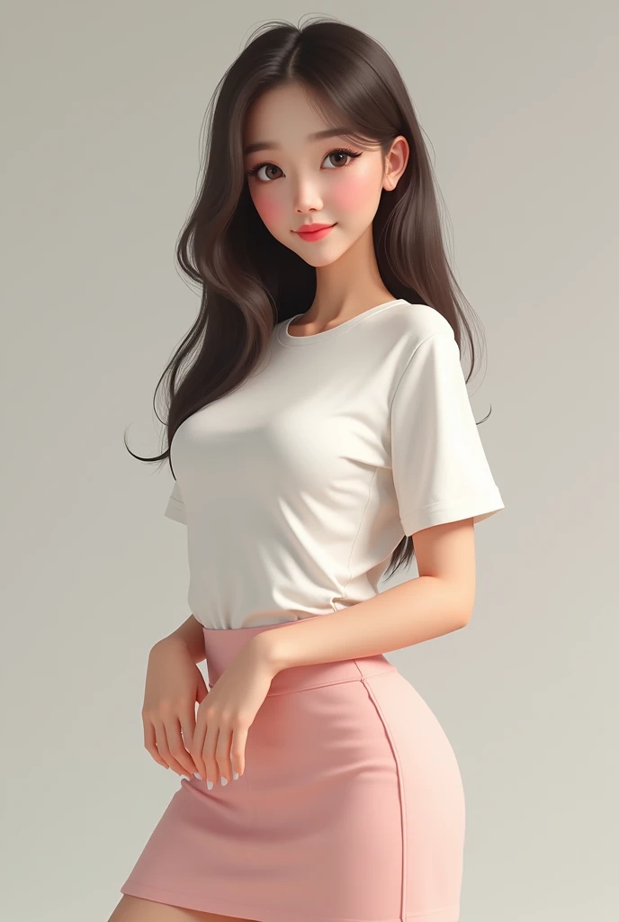 girl + pale skin + asian eyes (dark brown) + straight light brown hair + curvy body + c cup breasts + upturned nose.
white short-sleeved t-shirt + pastel pink mini skirt.