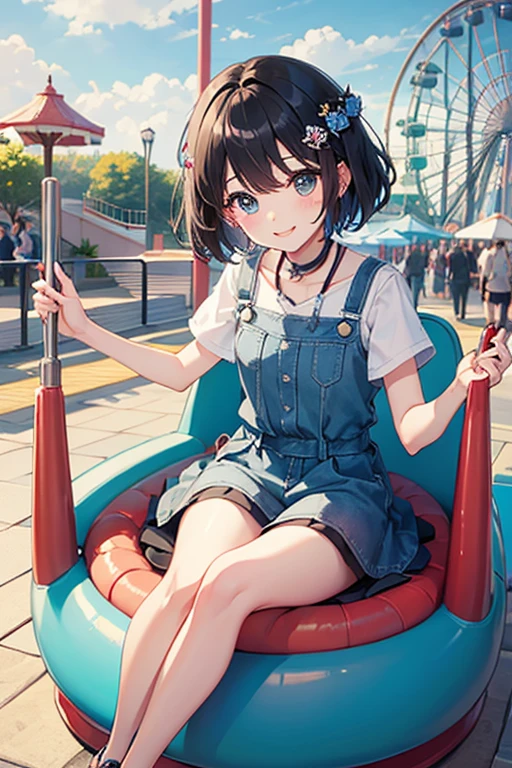 Highest quality、Black Hair、Iris、short hair、、cute、、、Small hair ornament、1 person、amusement park、Date、A happy look、roller coaster