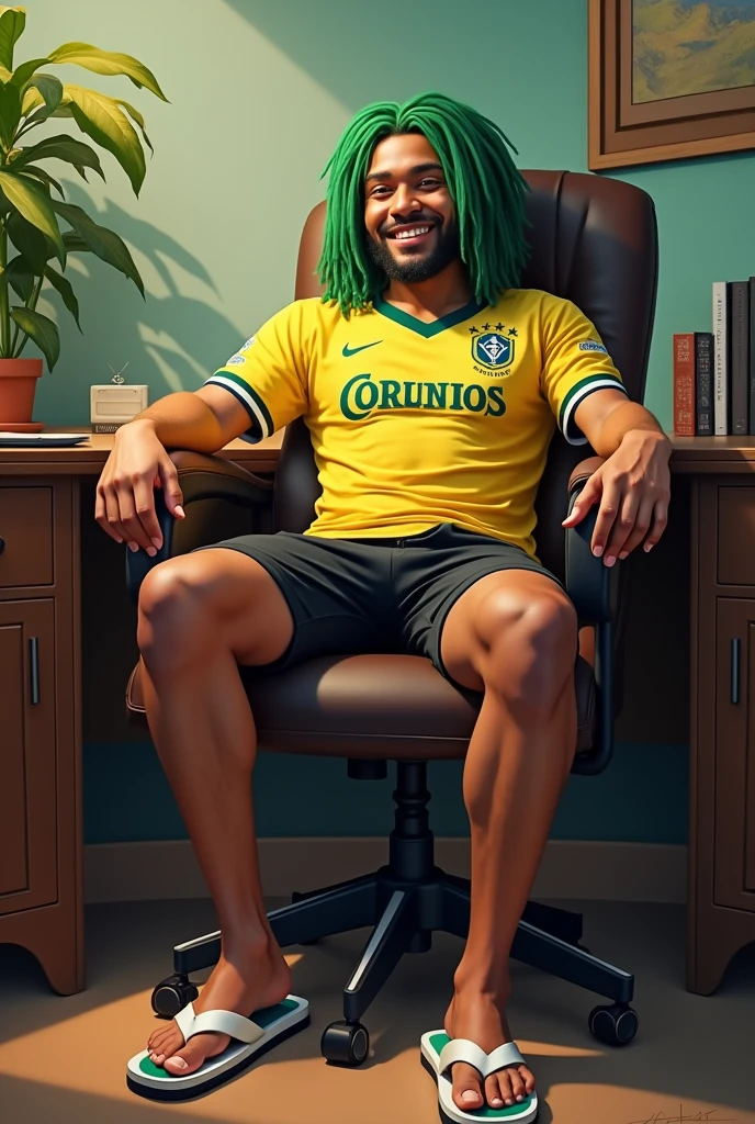 Um homem brasileiro, with straight green hair, Corinthians shirt, with black shorts and white flip-flops sitting in a secretary chair