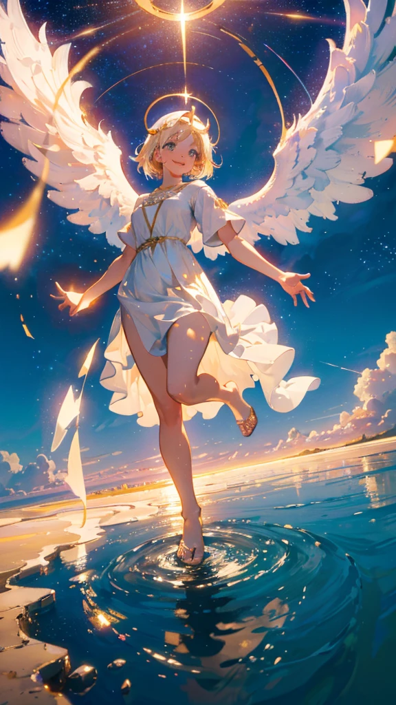 Angel, Standing on one foot on the sea, White dress, Spread your wings, A golden halo on his head, smile, Surrealism, cinematic lighting, UHD, best quality, highres, 8k
