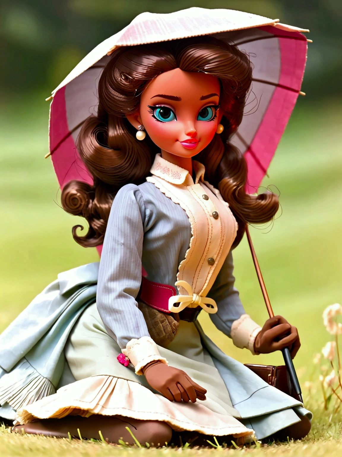 (masterpiece), (realistic), (((NSFW))). (ultra hd 8k), (realistic body proportions) Barbie as a pretty 10yo girl wearing her Victorian school uniform. Year 1895. 1890_dress. High-collar long sleeve white shirtwaist cuffed into a sash, cameo brooch, light blue shirt cloak over her shoulders, elegant straw boater hat, pink gloves, knee-high light blue skirt, petticoats, silk stockings with garters, ankle boots. Long curly brunette hair. Short skirt. Light brown skin. Delicately holding a parasol. (((Laying on grass, legs open. Full body)))