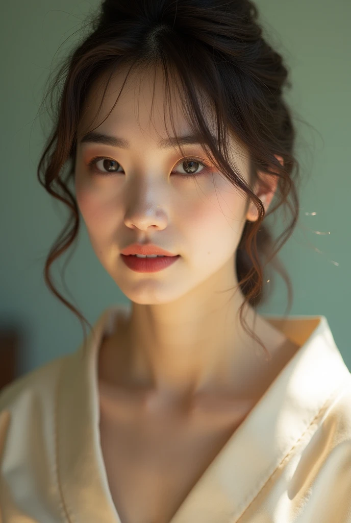 An elegantly dressed Japanese woman in natural light、A close-up of her chest and calm expression.、It shows her inner peace and outer charm.。