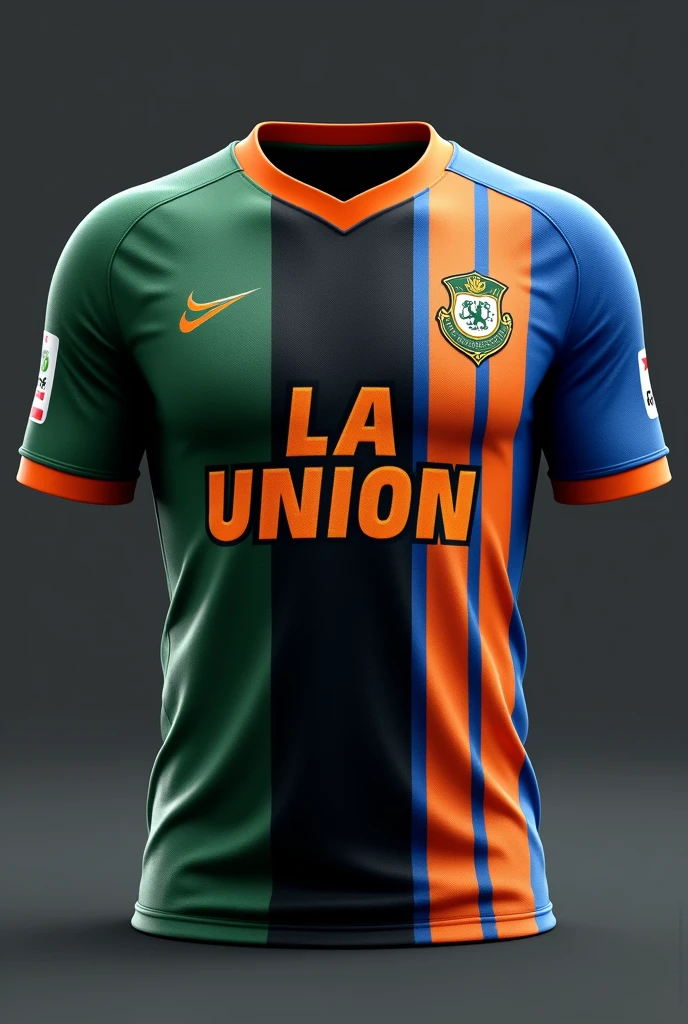 shirt for a football team using the colors black, green, orange and royal blue, with vertical stripes with the name of the team La Union