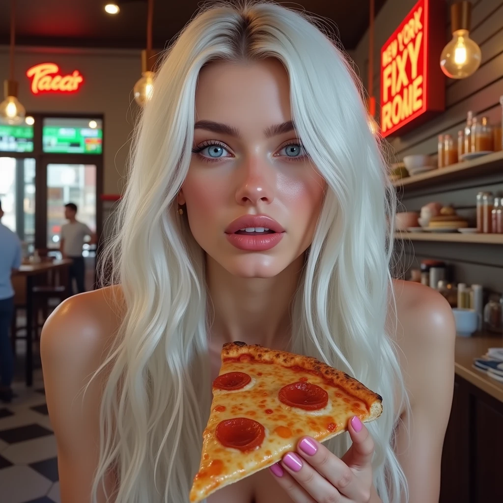 A pretty blue-eyed Instagram model with very long straight snow-white hair with a realistic natural pale porcelain complexion on an oval face. She is excitedly ordering a slice of Pizza at a famous New York pizza place.
