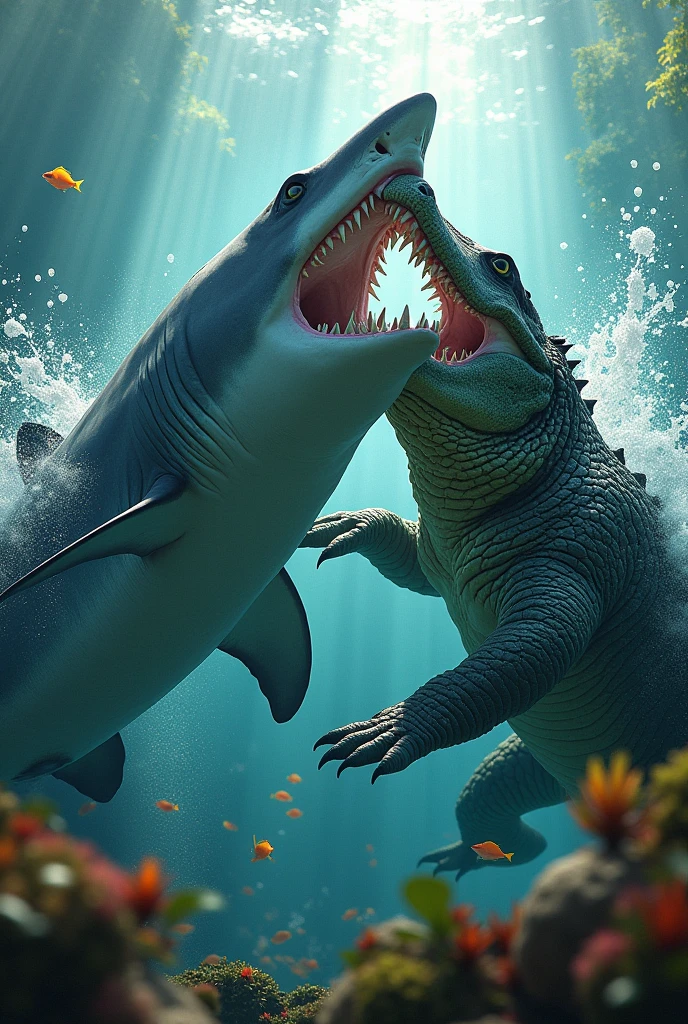 I want a picture of a shark and a crocodile swimming