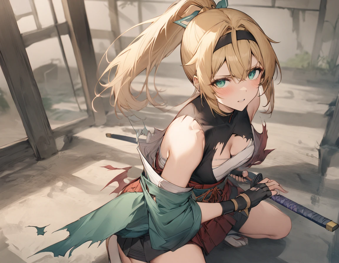 best quality,ultra detailed,extremely detailed and beautiful,perfect anatomy,perfect hands,(kazama iroha ),serious,green eyes, blonde hair,ponytail, green hair ribbon,fingerless gloves,sarashi,white thighhighs,japanese clothes,(torn clothes:1.6),sit,one Kneeling,BREAK,iaidow,weapon, katana, holding sword,