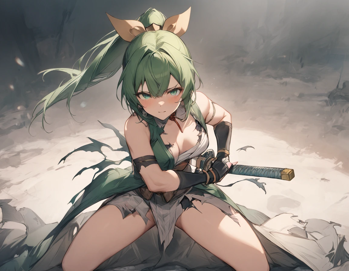 best quality,ultra detailed,extremely detailed and beautiful,perfect anatomy,perfect hands,(kazama iroha ),embarrassed,green eyes, blonde hair,ponytail, green hair ribbon,fingerless gloves,sarashi,white thighhighs,japanese clothes,Swinging the katana,(torn clothes:1.6),sit,one Kneeling,BREAK,iaidow,weapon, katana, holding sword,