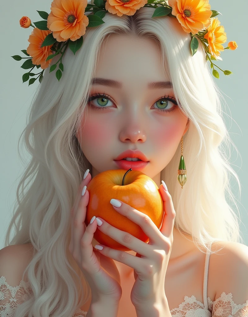 Hay una mujer sosteniendo una manzana y una corona de flores y de ojos verdes., portrait of Blanco como la nieve, obra de arte al estilo de guweiz, pale Blanco como la nieve skin, en el estilo artístico de bowater, loish y wlop, hermosa obra de arte digital, hermosa pintura de personajes, Blanco como la nieve, inspirado en WLOP, 4k de alta definición. Blanco como la nieve hair, pintura realista linda chica, Lalisa Manoban de Blackpink,(beautiful makeup :1.2), Wide hips, big, big ass, (best quality, 8K, masterpiece: 1.3), Clear focus: 1.2, Perfect body beauty: 1.4, strong abs, Very detailed face and skin texture. , detailed eyes, double eyelids, (long hair), having very marked curves, with greater volume in ((hips and breasts)), which makes the waist look much smaller ((wasp waist)).