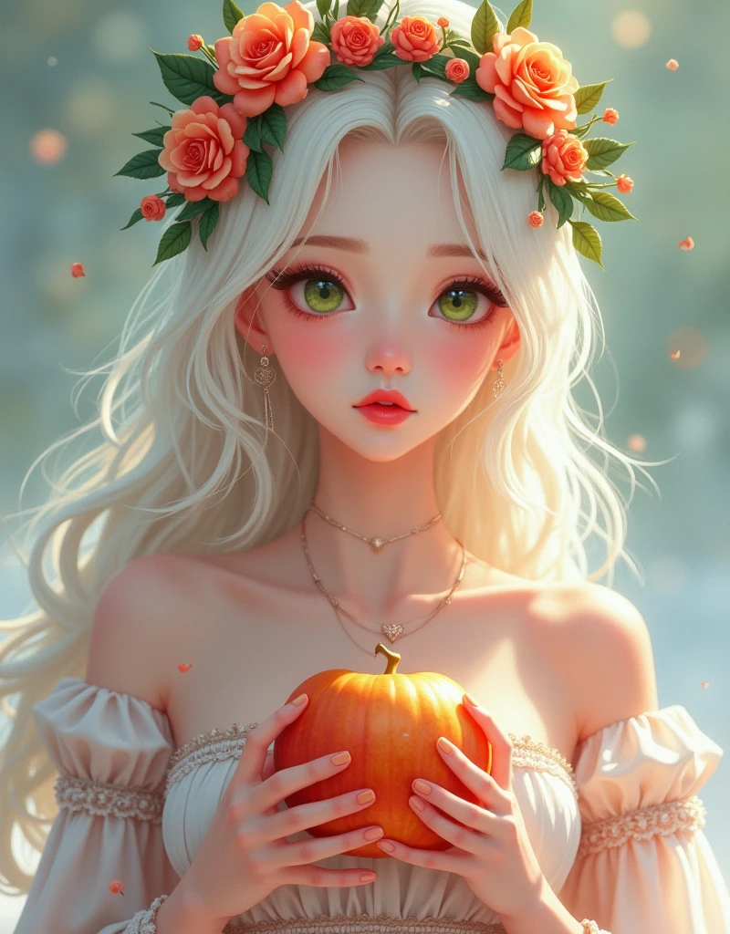 Hay una mujer sosteniendo una manzana y una corona de flores y de ojos verdes., portrait of Blanco como la nieve, obra de arte al estilo de guweiz, pale Blanco como la nieve skin, en el estilo artístico de bowater, loish y wlop, hermosa obra de arte digital, hermosa pintura de personajes, Blanco como la nieve, inspirado en WLOP, 4k de alta definición. Blanco como la nieve hair, pintura realista linda chica, Lalisa Manoban de Blackpink,(beautiful makeup :1.2), Wide hips, big, big ass, (best quality, 8K, masterpiece: 1.3), Clear focus: 1.2, Perfect body beauty: 1.4, strong abs, Very detailed face and skin texture. , detailed eyes, double eyelids, (long hair), having very marked curves, with greater volume in ((hips and breasts)), which makes the waist look much smaller ((wasp waist)).