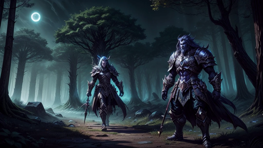 Prompt 1: The Battle Preparation (World of Warcraft Style) Description: A dark, mystical forest at night, lit by a crescent moon. Heavily armored characters, resembling heroes from World of Warcraft, prepare for battle. Their armor is ornate, oversized, and glowing with magical runes, fitting the exaggerated and stylized design of WoW. The characters carry large, enchanted weapons that radiate power. The scene is set in an ancient forest with twisted, massive trees and glowing magical roots. Shadows and mist swirl around their feet, creating an ominous and mystical atmosphere, typical of WoW's dark zones like Duskwood. Style: World of Warcraft, stylized, vibrant colors, exaggerated proportions, fantasy realism, cartoonish touch.