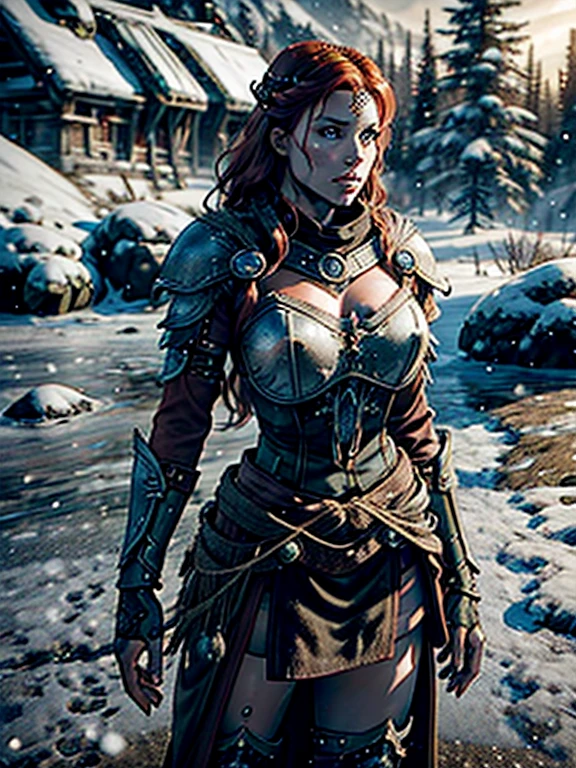 aela the huntress with long red hair in ancient nord armor, breastplate , cleavage, standing in a snowy field, holding a bow, winter landscape, dramatic lighting, detailed facial features, intricate armor details, volumetric snow, glowing magical runes, cinematic composition, mist, cold atmosphere, photorealistic, 8k, highly detailed, masterpiece