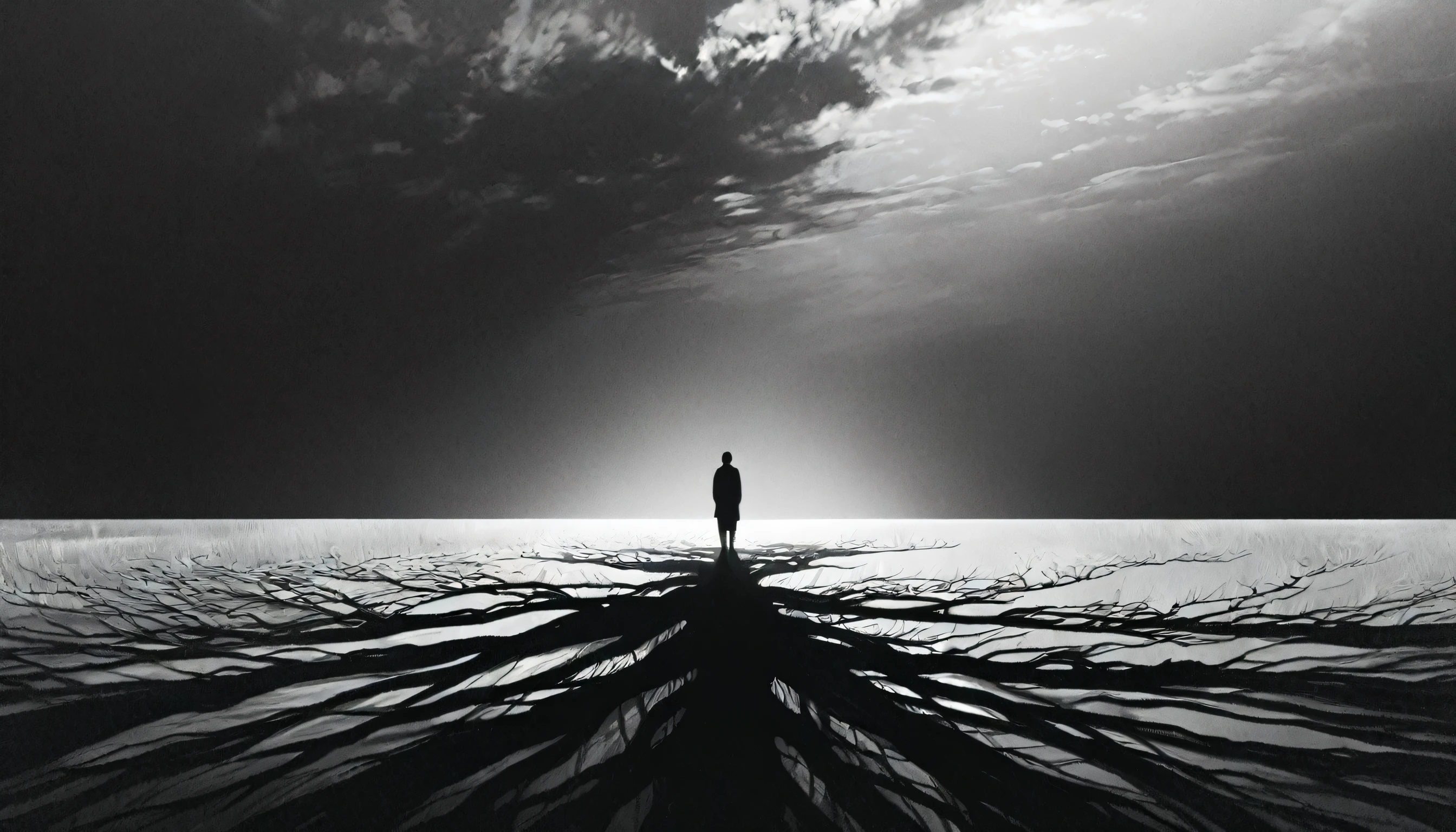 Person standing in an empty field, shadows sparkling in the sky, minimalist Journey,highres,ultra-detailed,realistic,portrait,monochrome,contrast,bold lines,dark atmosphere,simple composition,dramatic lighting,expressive face,subtle emotions,striking gaze,intense stare,simple clothing,mysterious background,haunting beauty,graceful pose,mysterious aura,vivid black and white tones,ethereal,concept art,journey of self-discovery,quiet introspection,depth of the soul,symbolic representation,minimalist environment,subtle details,emotional depth,striking simplicity,balance of light and darkness,surreal experience,striking shadows,subtle textures,detailed expression,striking visual impact,straightforward yet thought-provoking,wide range of emotional interpretation,shadow,anatomical correct:2