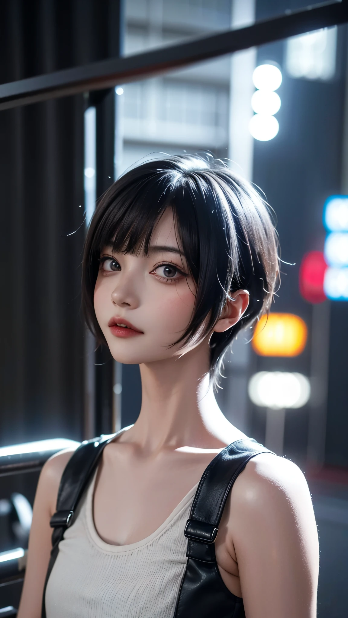 sfw, a close up of a person with short hair and a black kimono, soifon, soifon from anime bleach, as an anime character, perfect anime face, she has black hair with bangs, female anime character, anime character, anime best girl, hime cut hairstyle, black hair, (red glossy lips:1.3), blue eyes, smile, realistic, ultra detail, city background, (beautiful face:1.3), wearing bra,((skinny waist)), young asian girl, ((big breasted)),